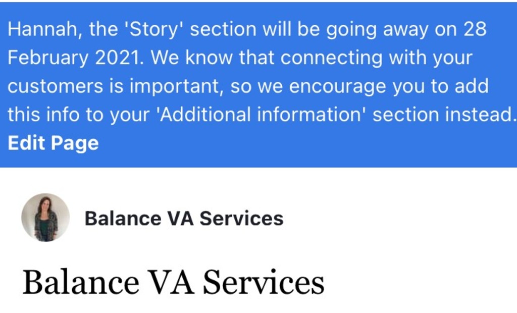 Screen shot from the FB story section section saying it will be removed on 28 February 2021