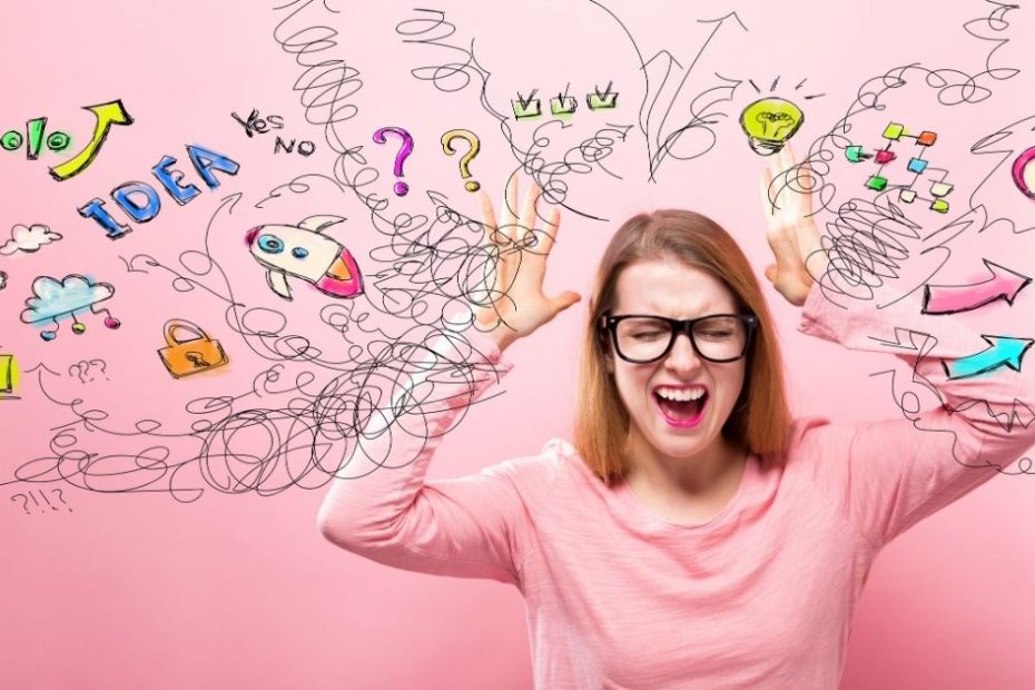 Image of a stressed looking lady against a pink background. There are icons & stress scribbles coming out of her head