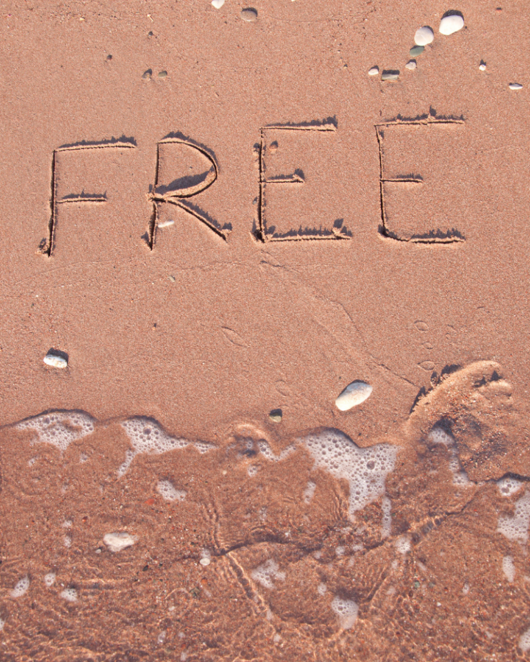 Image of sand on a beach with a little bit of water. The word 'free' has been etched in the sand