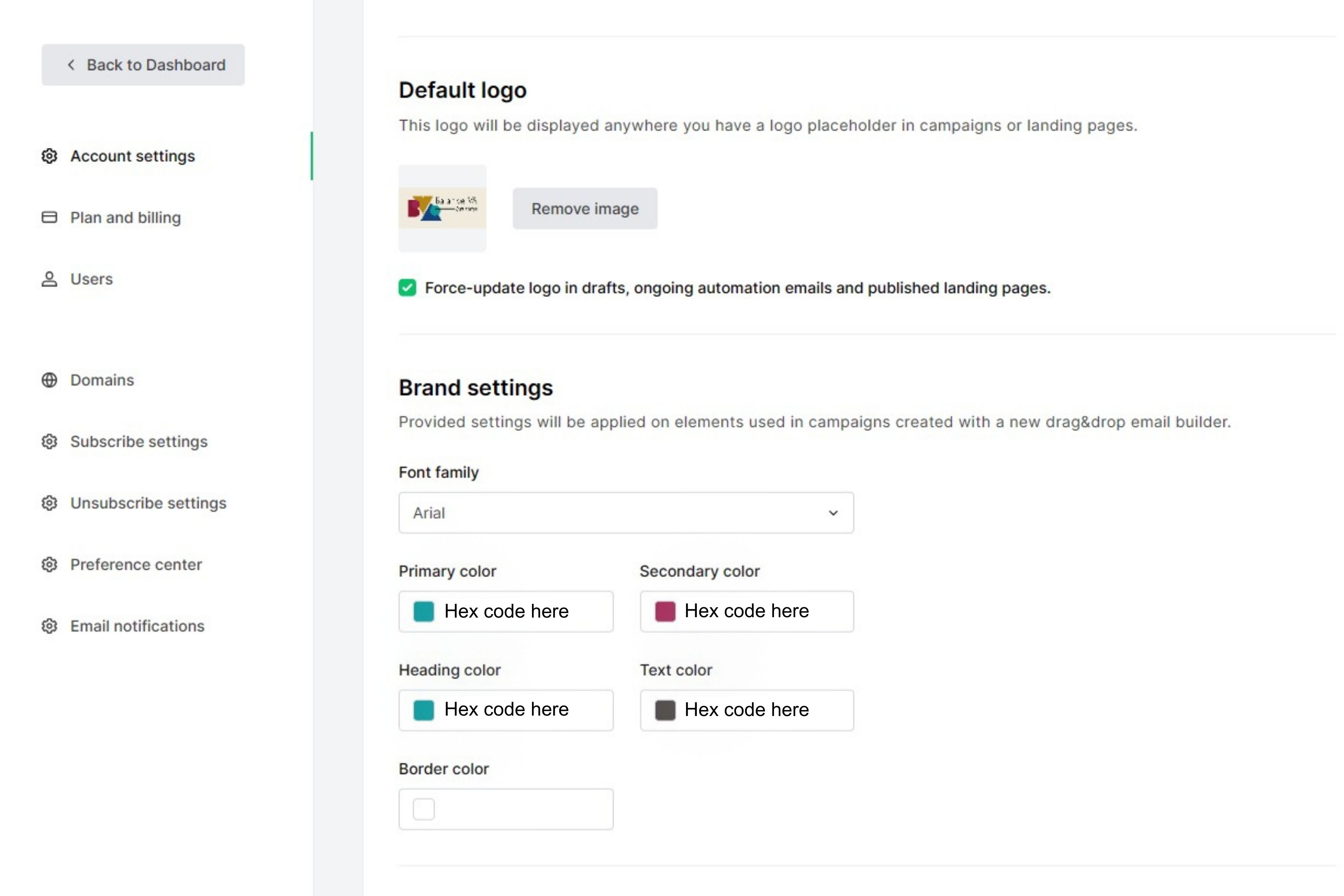 Screenshot of branding settings on MailerLite